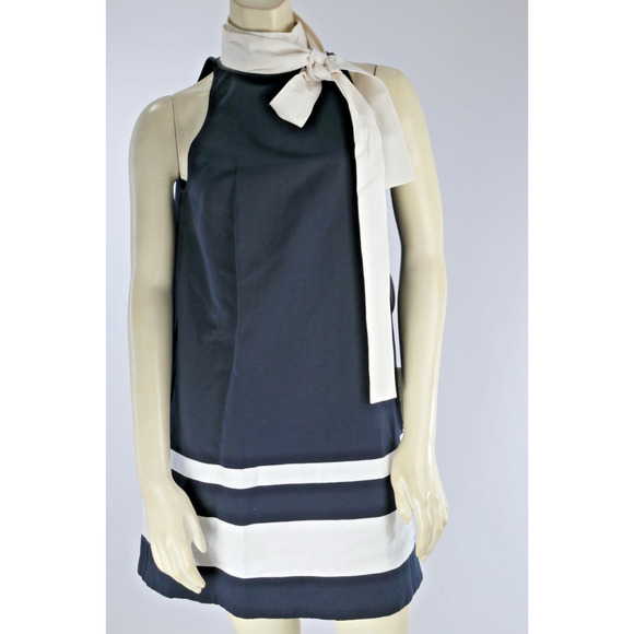 STAUD Finn Bow Embellished Colorblock Navy Halter Mini Shift Dress Size S - Picture 1 of 12